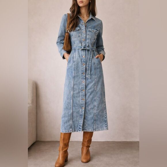 GAP Dresses & Skirts - GAP Denim Midi Dress Belted Button Front Acid Wash Long Sleeve Size M